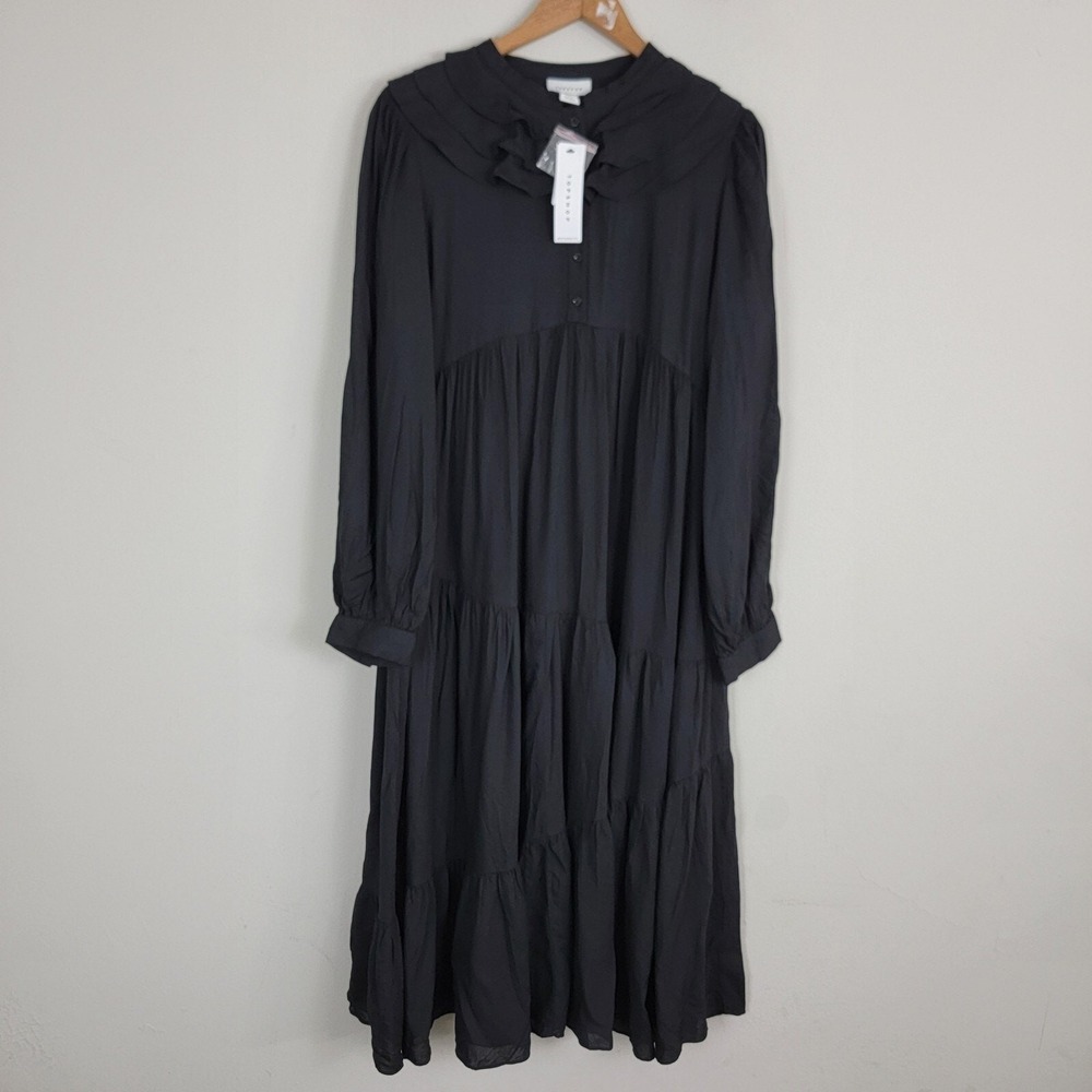 Topshop Maternity Dress Womens 10 Black Tiered Button Front Crew Long Sleeve NWT